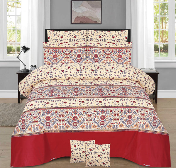 FloraCharm Printed Bed Sheet – Cream & Red Elegance