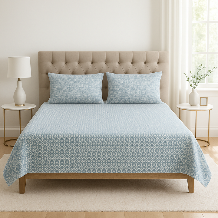 Bedsy SerenityWeave Cotton Satin Bedsheet Set, 300 TC, single and super king sizes, soft satin fabric with subtle sheen.
