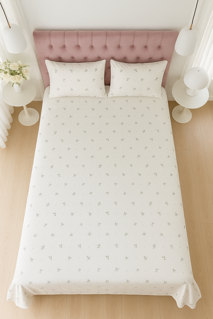 Bedsy Silken Fleur Cotton Satin Bedsheet Set, 300 TC, with minimal floral print on ivory, available in single and super king sizes along with two matching pillowcases.