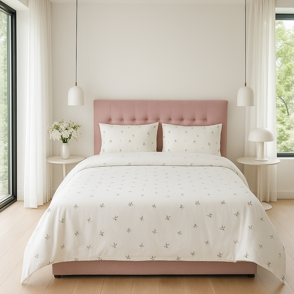Bedsy Silken Fleur Cotton Satin Bedsheet Set, 300 TC, with minimal floral print on ivory, available in single and super king sizes along with two matching pillowcases.