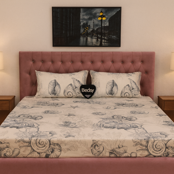 Wrinkle Free Double Fitted Bedsheet in Grey & White Coral Design