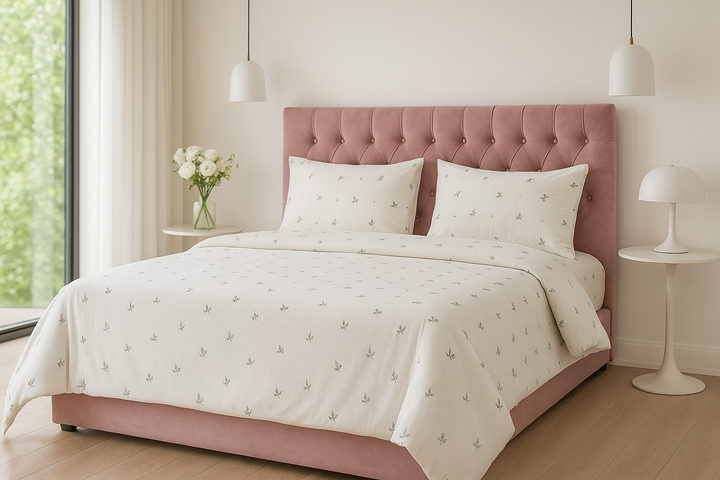 Luxury Bedsy Silken Fleur bedsheet set displayed on a bed, showing the ivory floral design and silky finish for an elegant bedroom ambience.