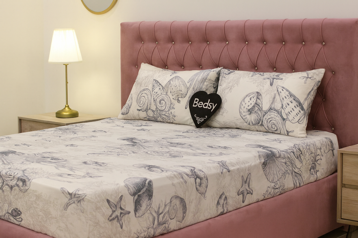 Sea Shell Printed Double Fitted Bed Sheet 72x78 – Bedsy