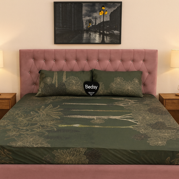 Export Quality Double Fitted Bed Sheet (72x78) with 2 Pillow Casings – Dark Green Floral Design