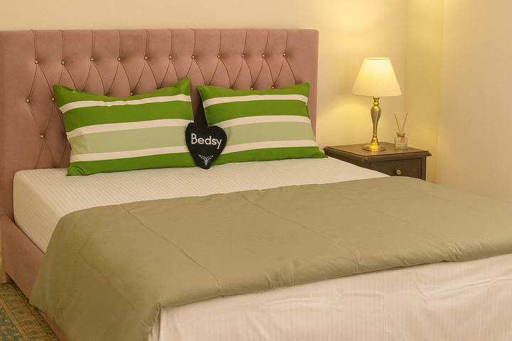 Stylish Green Striped Pillow Casings with Light Grey Duvet Cover Set 300TC