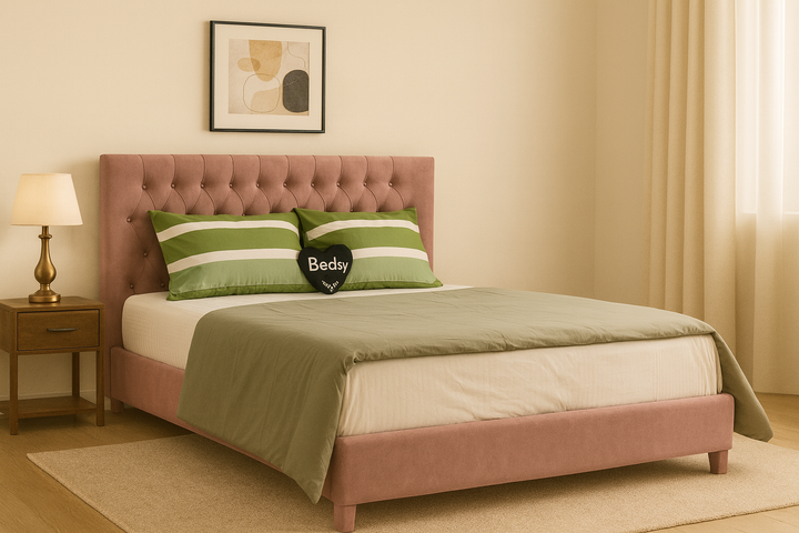 Side angle showing Green Stripe Pillow Casings with Light Grey Cotton Satin Duvet Cover 300TC
