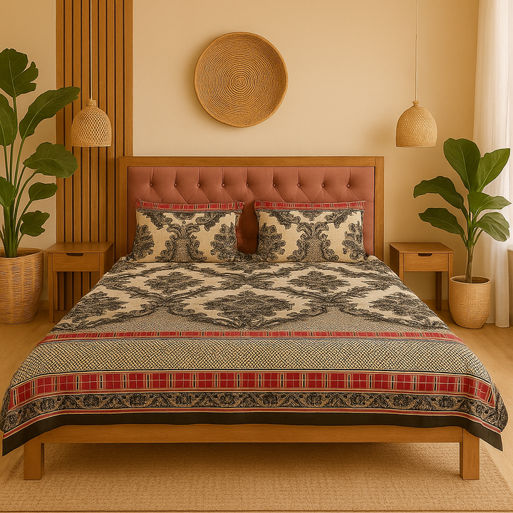 Luxury Bedsy MajesticEmpireDream bedding set styled on a king size bed, featuring a pleated duvet cover and coordinated pillowcases and cushions.