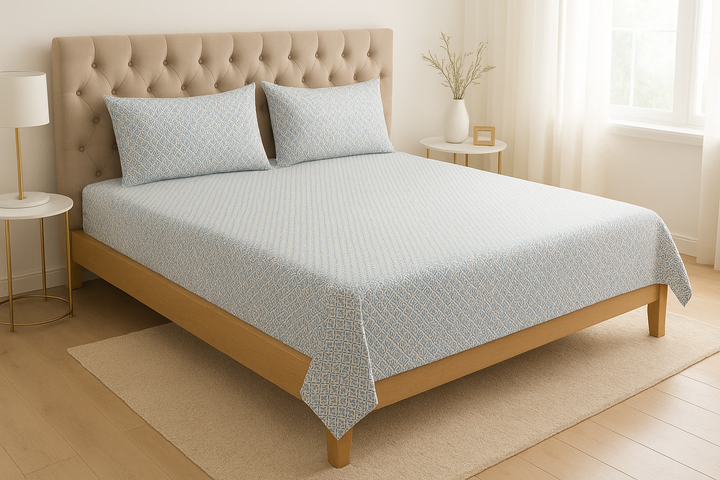 Luxury Bedsy SerenityWeave bedsheet set displayed on a neatly arranged bed, featuring silky cotton satin with a gentle sheen and matching pillowcases for an elegant bedroom.