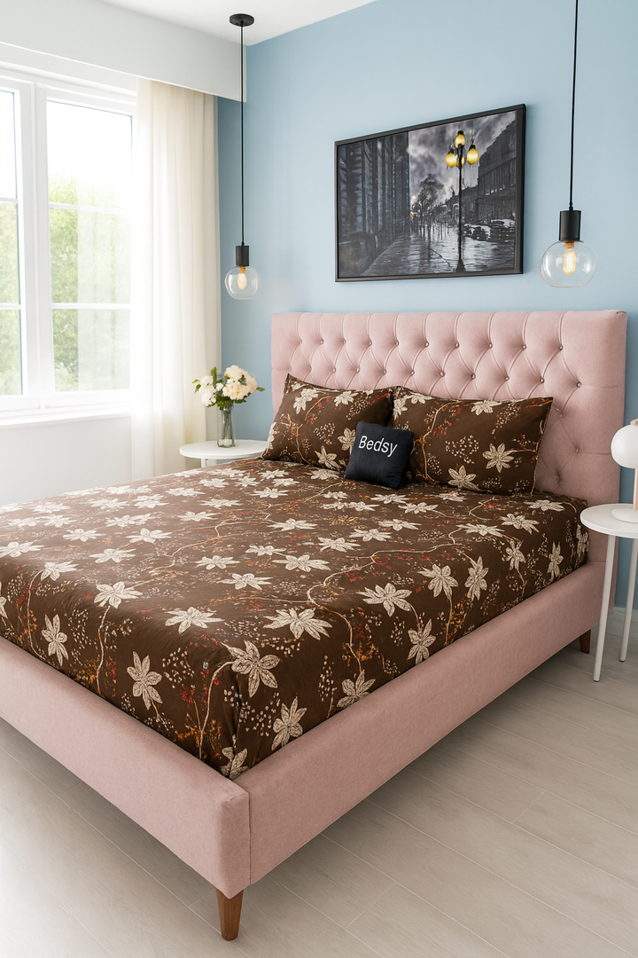Luxury Bedsy CocoaBlossom Double Bedsheet styled in a cozy bedroom, premium cotton fabric with floral print, soft, breathable, and durable for home and hotel use.