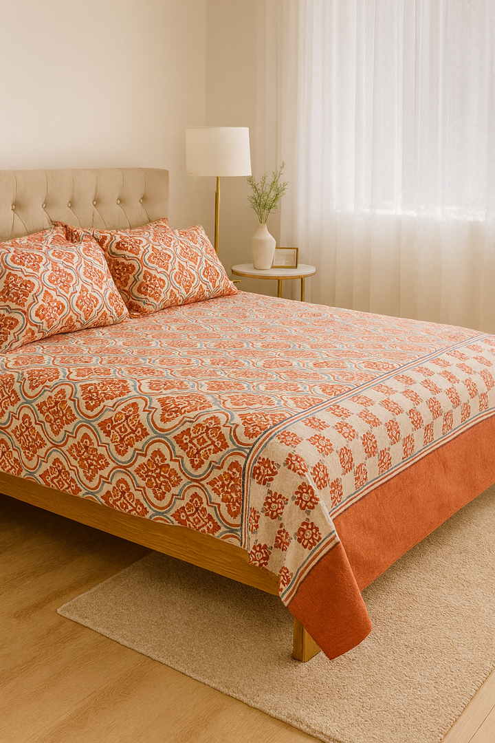 Luxury Bedsy PersianBloom 8‑Piece bedding set styled on a king bed, featuring pleated duvet cover and coordinated pillowcases and cushion covers, cotton blend fabric for elegance and comfort.
