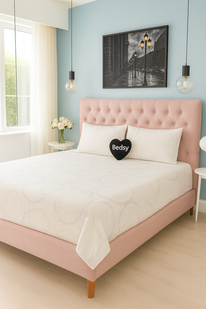 Luxury Bedsy CelesteRing white stripe cotton satin bedsheet styled in a cozy bedroom, soft and breathable 300TC fabric for hotel-style comfort at home.