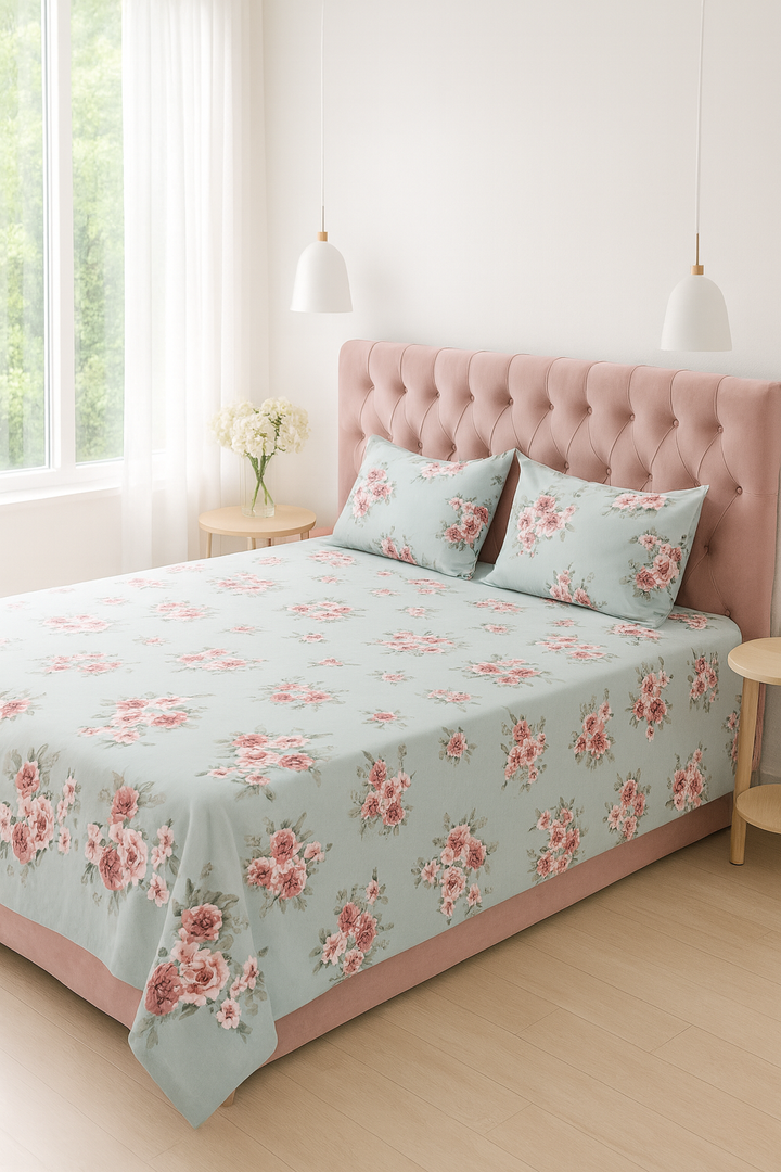 Luxury Bedsy LuxeHaven Double Dyed Bedsheet styled in a cozy bedroom, soft breathable cotton, vibrant long-lasting colors, premium hotel-quality bedding.
