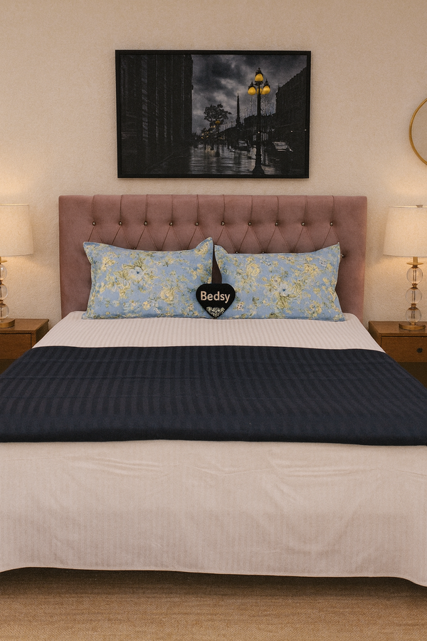 Top Quality Navy Blue Cotton Satin Duvet Cover Set 300TC with Floral Pillow Casings by Bedsy in all Pakistan