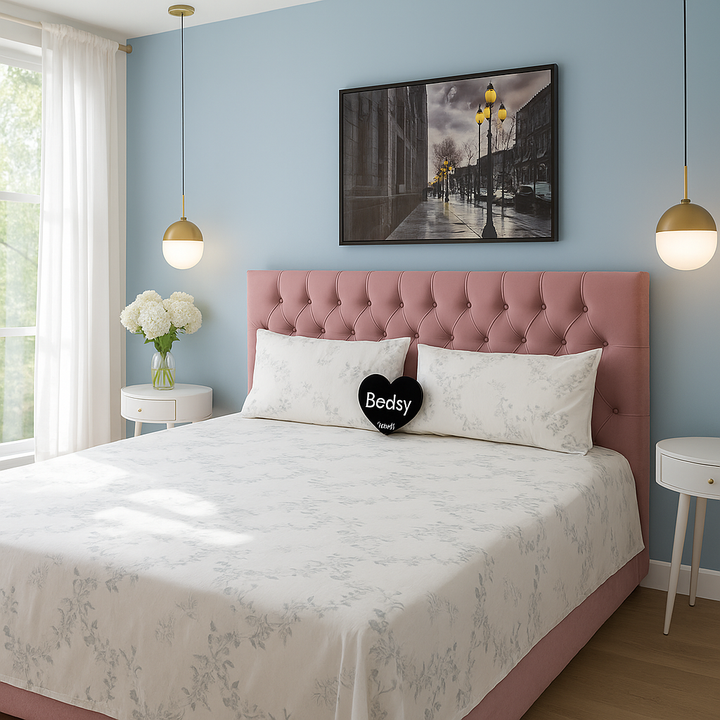 Luxury Bedsy RoyalSlumber printed bedsheet set displayed on a neatly styled bed, vibrant cotton blend fabric and coordinated pillowcases for a stylish bedroom.