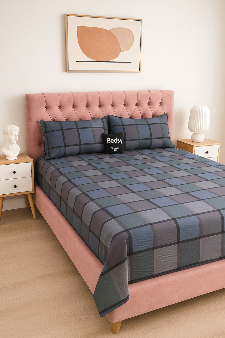 Luxury Bedsy OxfordLuxe satin bedsheet set displayed on a bed, showing its glossy, breathable finish and elegant design.