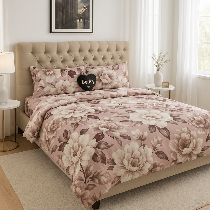 Bedsy OrchidWhisper bedsheet set displayed on a neatly made bed, highlighting its glossy satin weave, soft colour palette and elegant, breathable texture for a serene bedroom.