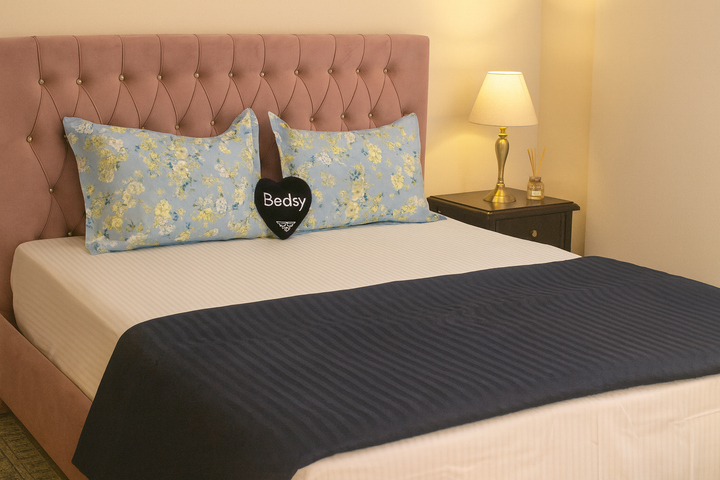 Navy Blue Cotton Satin Duvet Cover Set 300TC with Floral Pillow Casings by Bedsy